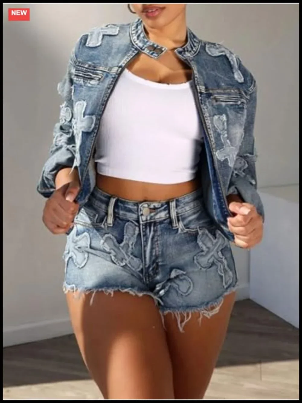 2 Piece Denim Outfits Zipper Cropped Jacket Skinny Jean Shorts Set